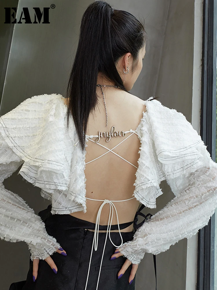 

[EAM] Women White Tassels Backless Irregular Blouse New Square Collar Long Sleeve Loose Shirt Fashion Spring Summer 2022 1DD8642