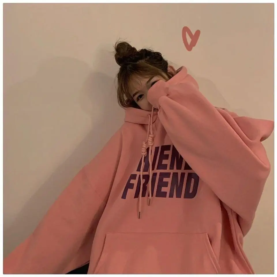 

Autumn and Winter New Style Plus Velvet Thick Thick Warm Casual All-match Simple Loose Hooded Lazy Wind Letter Printing Sweater