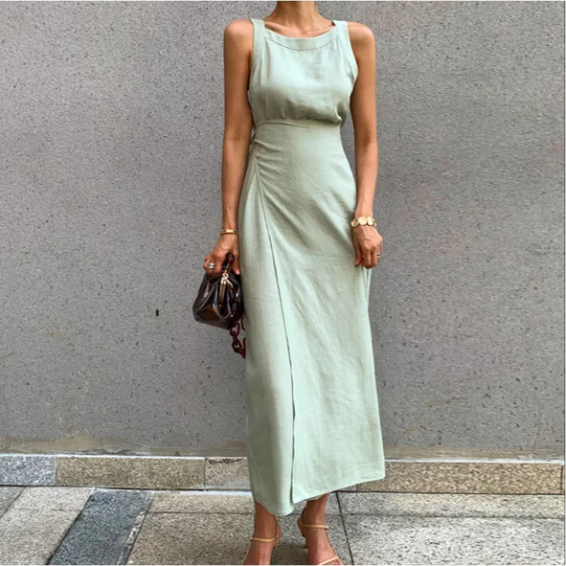 

Tied Dress Fashion off-Shoulder Cold Style Lace-up Cinched Sleeveless Slit Slim-Fitting Suspender Dress Summer