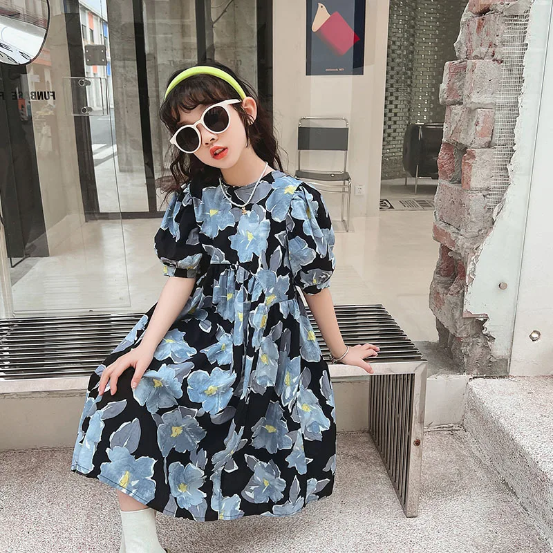 

Kids Dresses for Girls Designer Puff Sleeve Children Princess Dress Black Floral Girl Evening Gown Summer 2022 Clothes for Teens