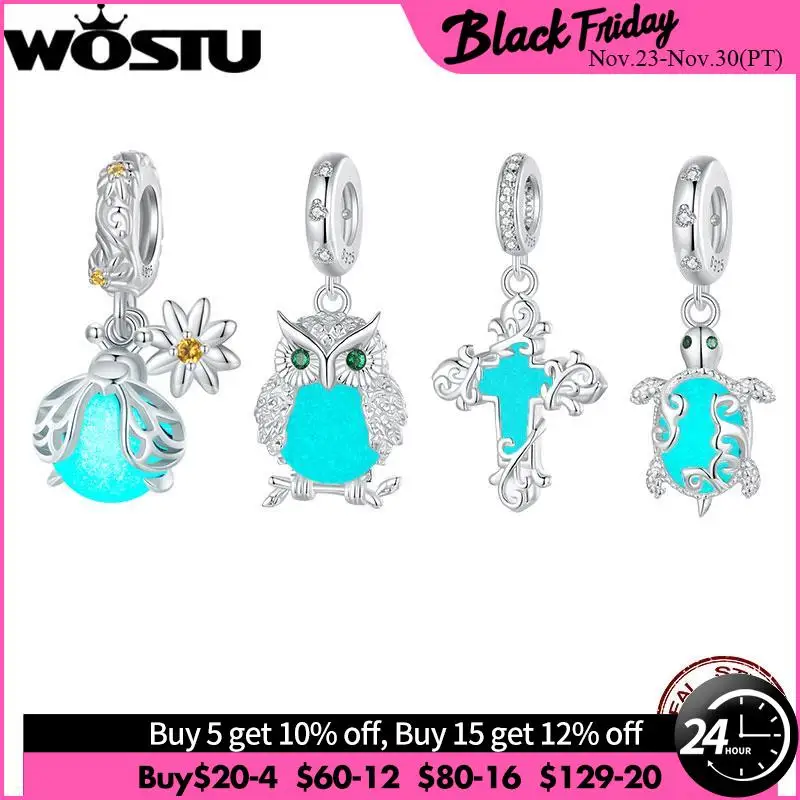 

WOSTU 925 Sterling Silver Luminous Owl Charms Cross Pendant Firefly Glow in the dark Turtle Beads Fit DIY Bracelet Necklace Gift