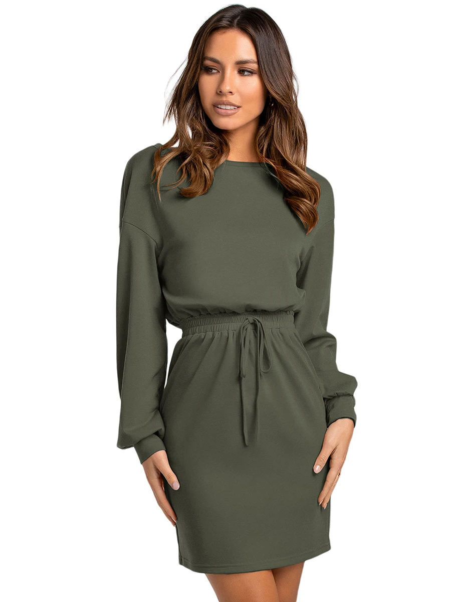 

Women s Casual Long Sleeve Dresses One Shoulder Elegant Dress High Waist Drawstring Slim Fit Party Club Short Dress