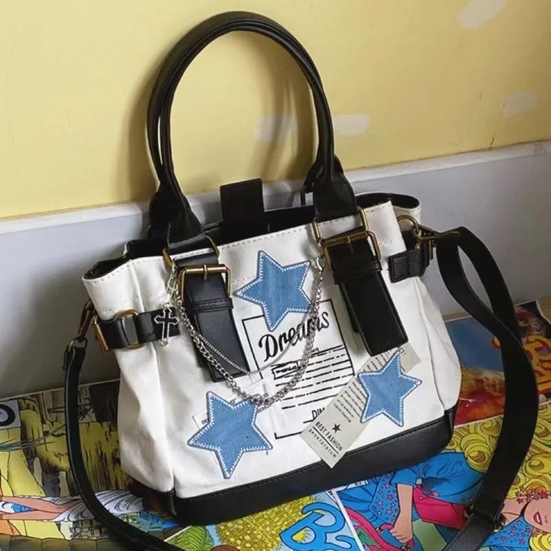 

New Y2k Vintage Women Shoulder Bag Star Pattern Letter Design Large Capacity Crossbody Harajuku Tote Bags Casual Canvas Handbag