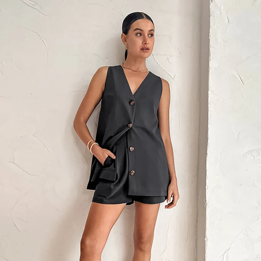 

Женский однотонный комплект из двух предметов, повседневный однобортный жилет и шорты свободного покроя, одежда для офиса, Новинка лета 2023