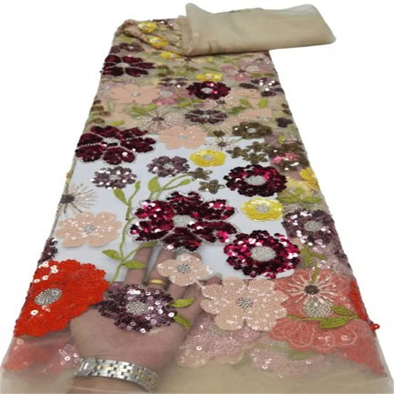 

Hot Sale African Beads Lace Fabric High Quality 3d Sequins Nigeria French Tulle Mesh Lace Fabric for Bridal Materials Sew