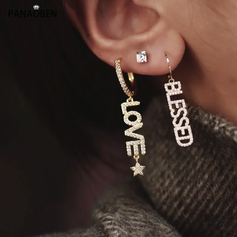 

PANAOBEN 925 Sterling Silver Hoop Earrings for Women Fashion Exquisite Crystal Letters Personality LOVE Luxury Piercing Jewelry