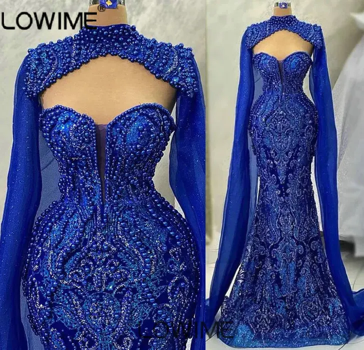 

Royal Blue Pearls Beaded Mermaid Evening Dresses Elegant Long Formal Event Party Gowns Arabic Vestidos De Noche Middle East