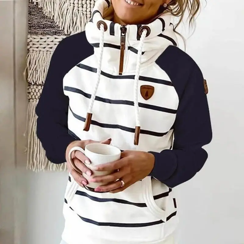 

Casual Women Hoodie Stripe Printed Chic Ladies Pullover Warm Oversize Hooded Sweatshirts Women Long Sleeves Soft Sweatshirts New