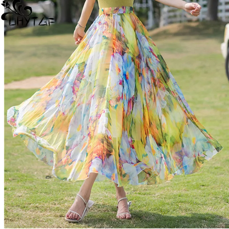 

Женская длинная шифоновая юбка UHYTGF, летняя Праздничная пляжная юбка с высокой талией и цветочным принтом, длинная юбка с эластичным поясом, 2023, 153