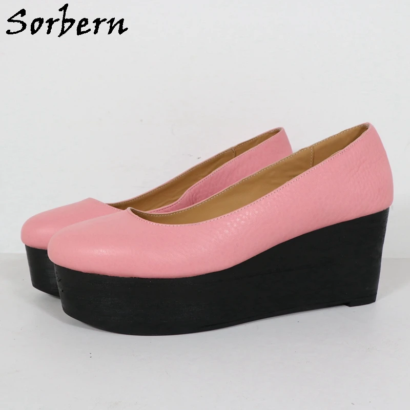 

Sorbern 9cm Blush Pink Women Pump Shoes Genuine leather Slip On Black Wedge Size 46 Platform Round Toe Shoe Custom Color