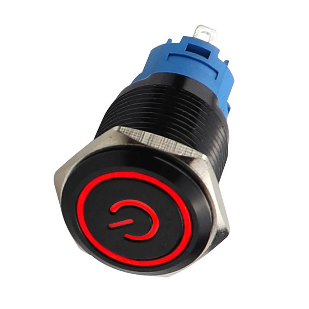 

Черный кнопочный переключатель 12/16/19/22 мм, водонепроницаемый Светодиодный светящийся металлический плоский Мгновенный Переключатель с индикатором питания 5 В, 12 В, 24 В