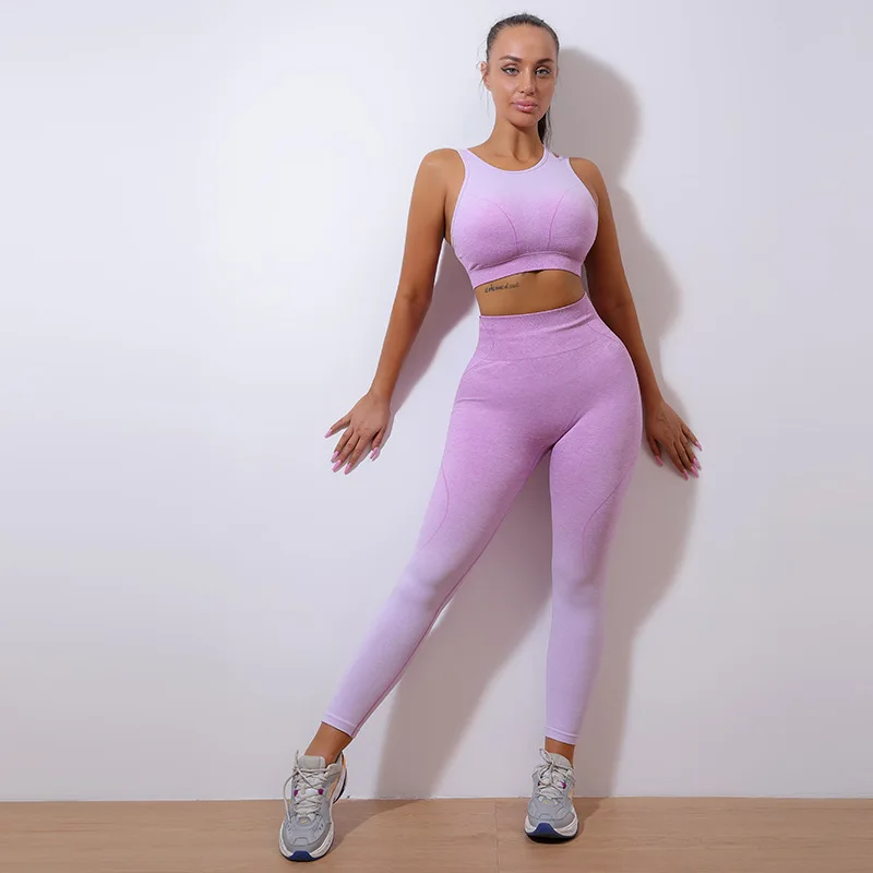 

Seamless Sportswear Yoga Set Tie Dye Gradual Color Yoga Suit Women Three Shoulder Belt Sports Bra Tight Hip Yoga Pants Tracksuit