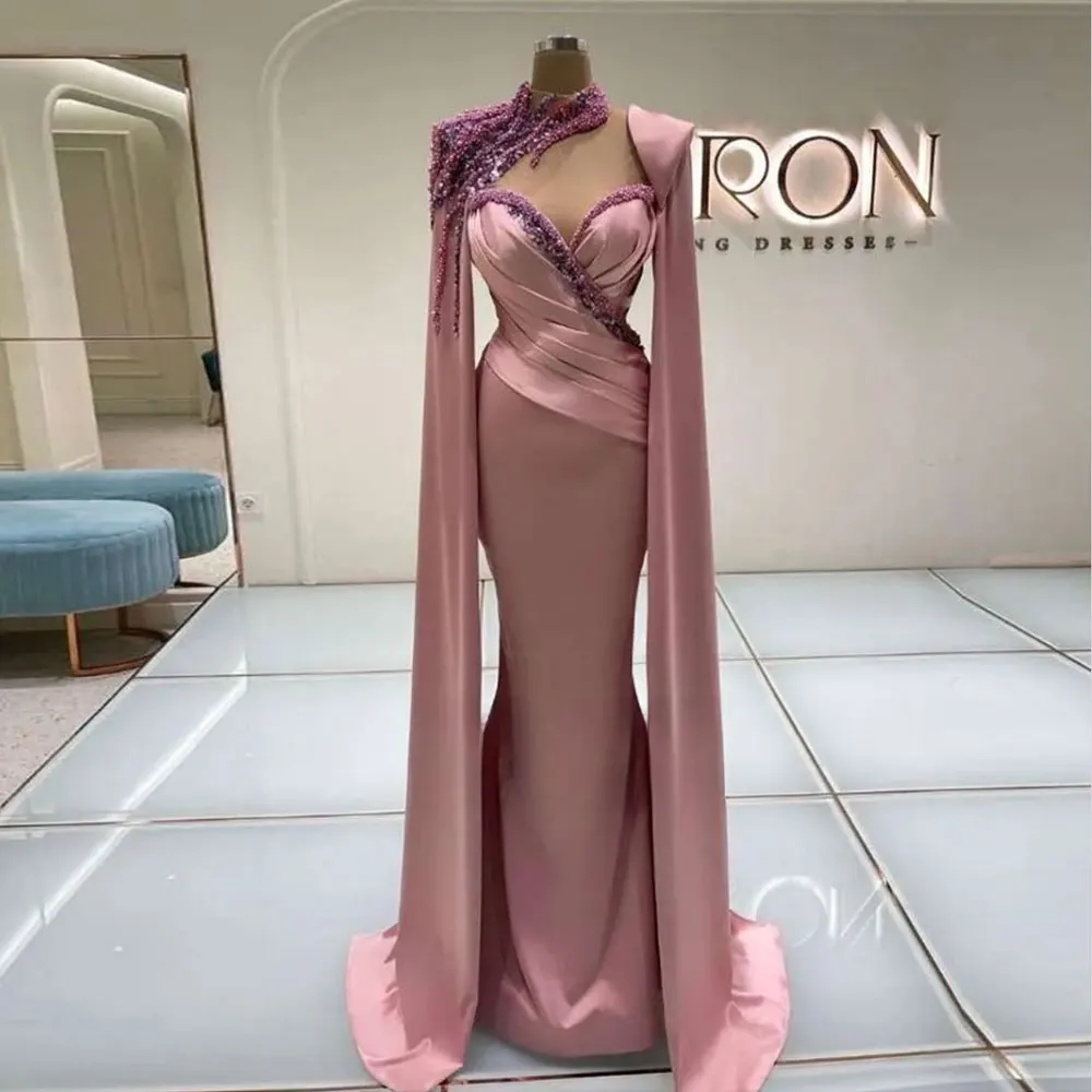 

Arabic Sweetheart Beads Cape Sleeve Evening Dresses Dubai Women Pink Pearls Mermaid Prom Gowns Pleating Pendulous Party Dress