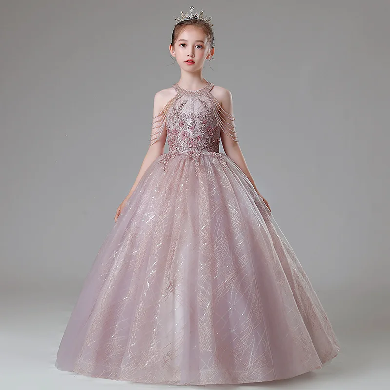 Детское платье с бусинами и цветами длинное принцессы для девочек-подростков