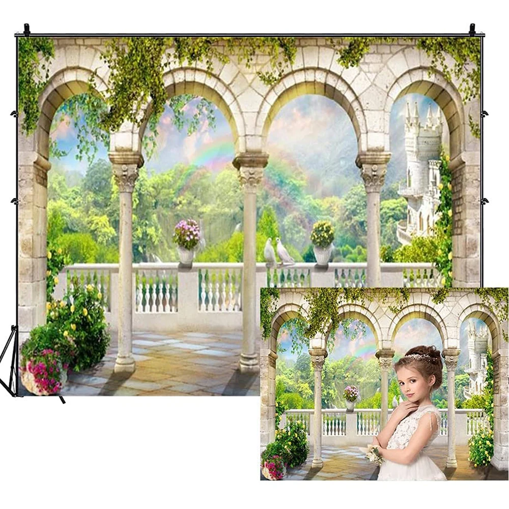 

Photography Backdrop Scenic Fantasy Palace Arched Balcony Columns Floral Wedding Party Adult Kids Portrait Shoot for Photography