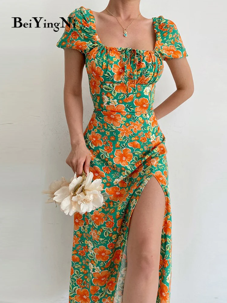 

Beiyingni, сексуальное элегантное короткое женское платье с цветочным принтом, с рюшами, со шнуровкой, ретро платье средней длины с разрезом, жен...
