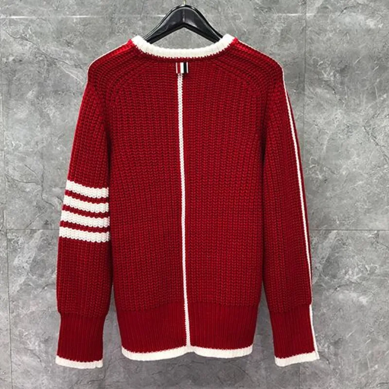 TB New Sweaters Men Red Pullovers Clothing Women Slim O-NeckStriped Wool Cotton Thick Winter Couple Casual Coat Christmas