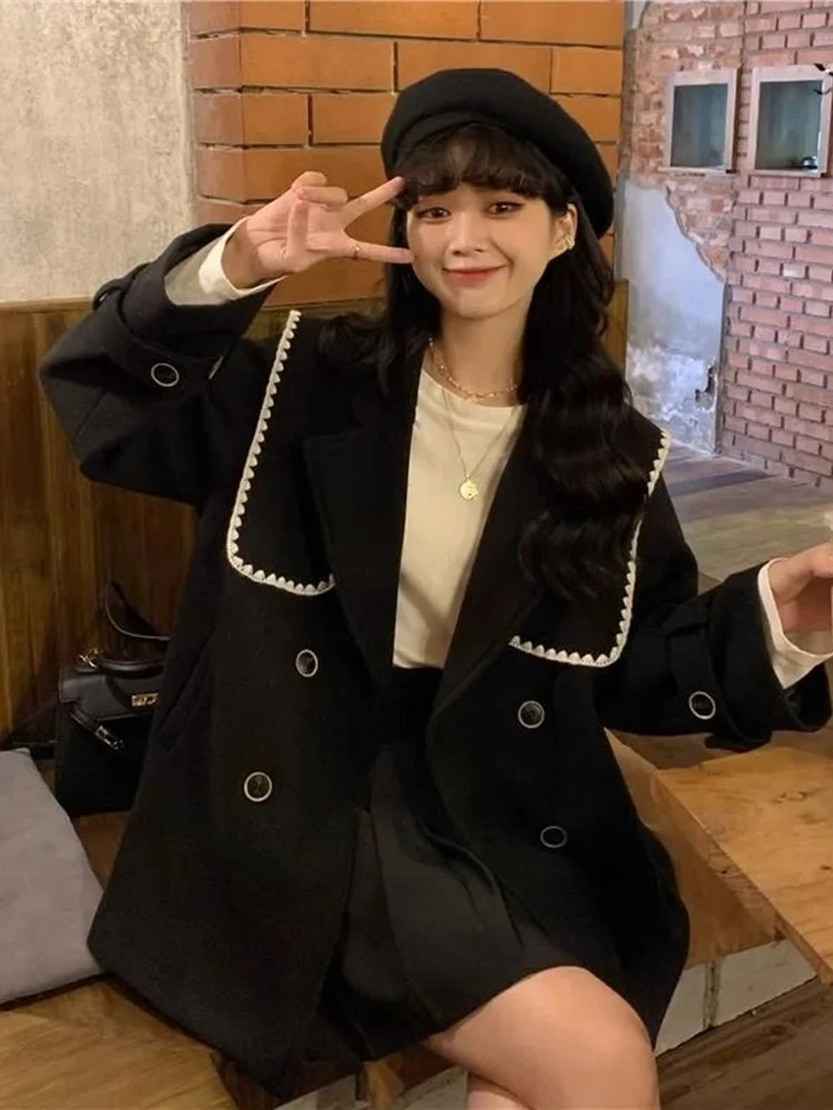 Толстый мм 50 00 кг черная шерстяная куртка средней длины больших размеров женское