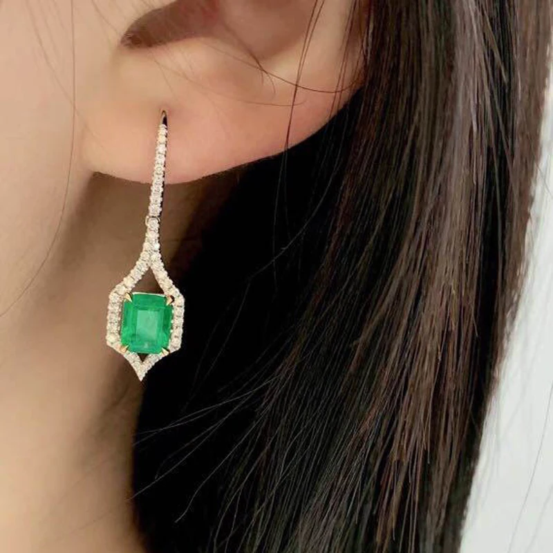 

Hot Sale Geometry Drop Earrings Inlay Green Square AAA Zircon Classic Tow-Tone Hollow Jewelry For Women Wedding Engagement Gifts