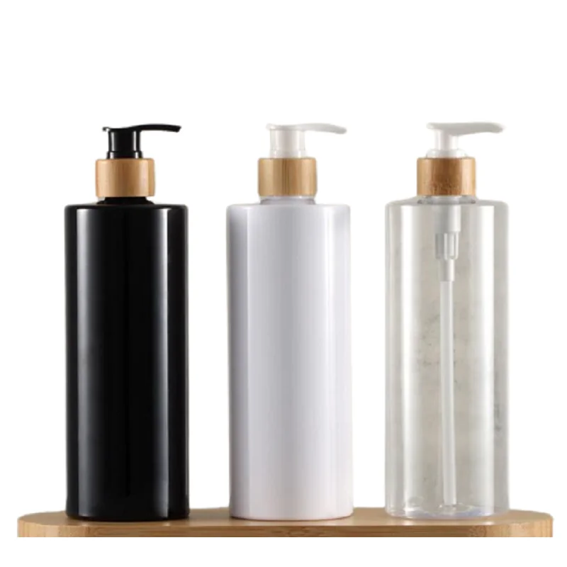 

300ml 500ml Clear Black White Plastic Packaging Bottle Bamboo Wood Lotion Pump Empty Cosmetic Shampoo Refillable Bottles 13Pcs