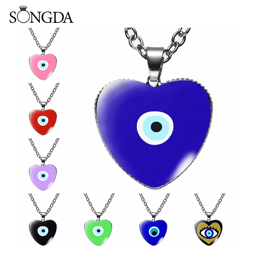

Blue Turkish Evil Eye Heart Necklace Amulet Evil Nazar Eye Charm Photo Glass Dome Pendants Men Women Lucky Jewelry Chains Gifts