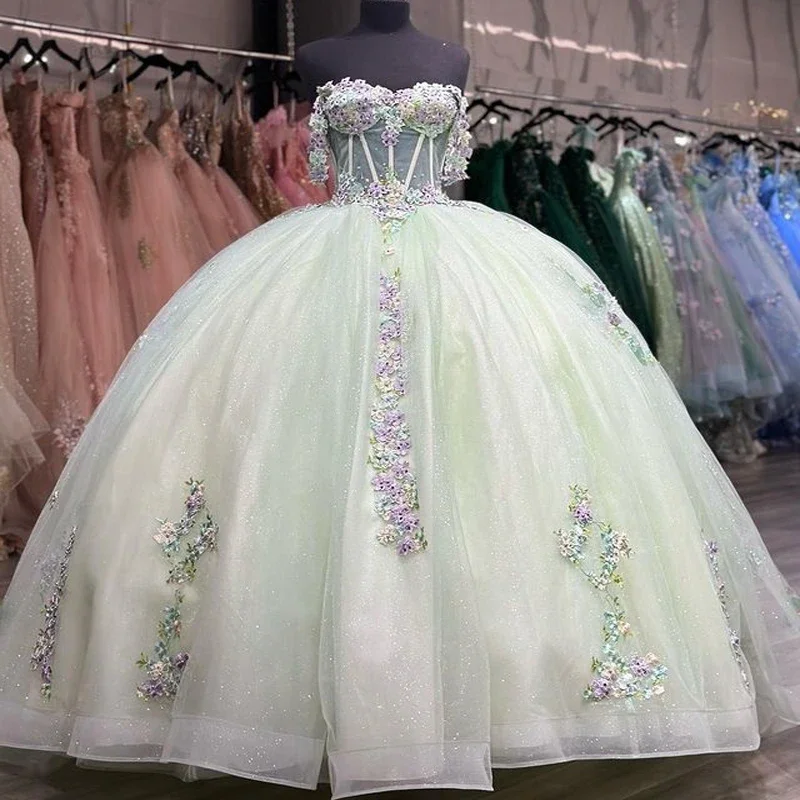 

ANGELSBRIDEP Glittering Mint Green Quinceanera Dresses 3D Appliqued Flower Vestidos De 15 Anos Birthday Party Ball Gown Corset