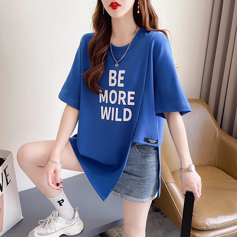 

Small short sleeved T-shirt women's summer Korean loose large women's wear medium and long, irregular split, fashionable clothes