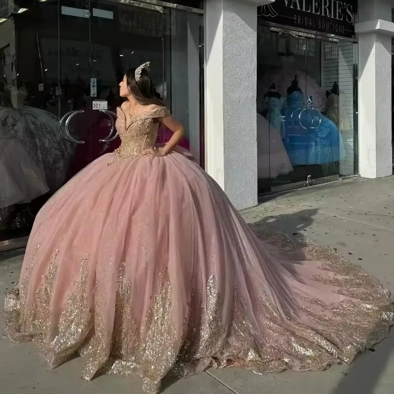 Розовые блестящие платья Quinceanera по индивидуальному заказу золотое кружевное