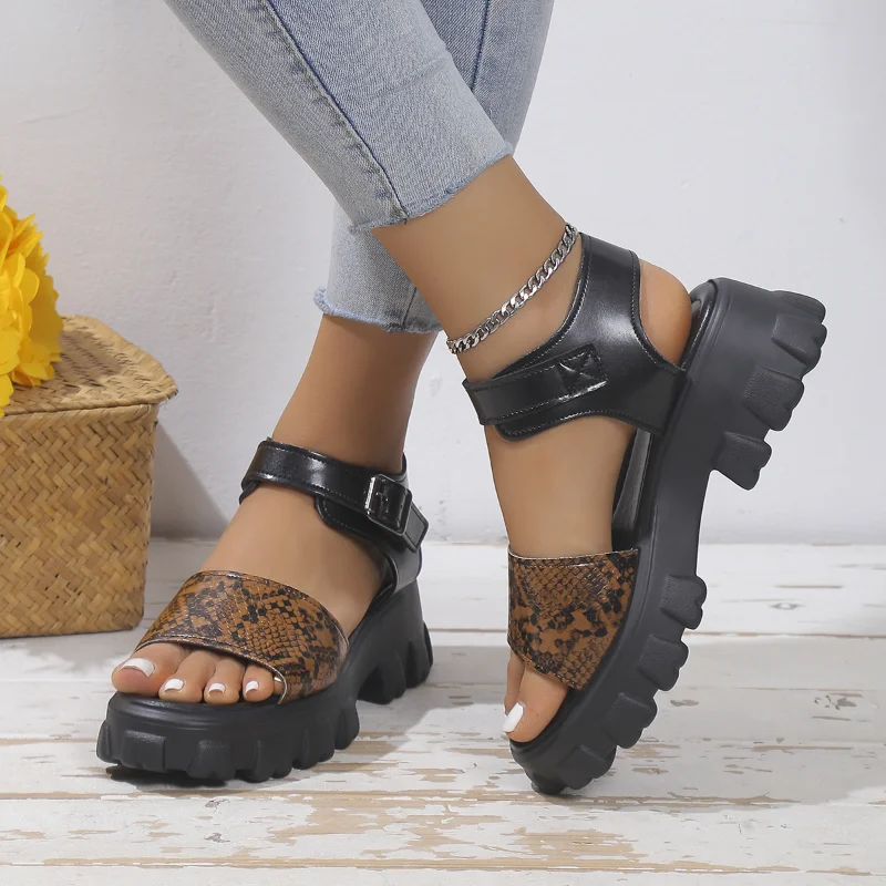 

Women's Sandals 2023 Summer Fashion Gladiator Female Sandals Platform Snakeskin Print Open Toe High Heel Buckle Shoes Zapatos