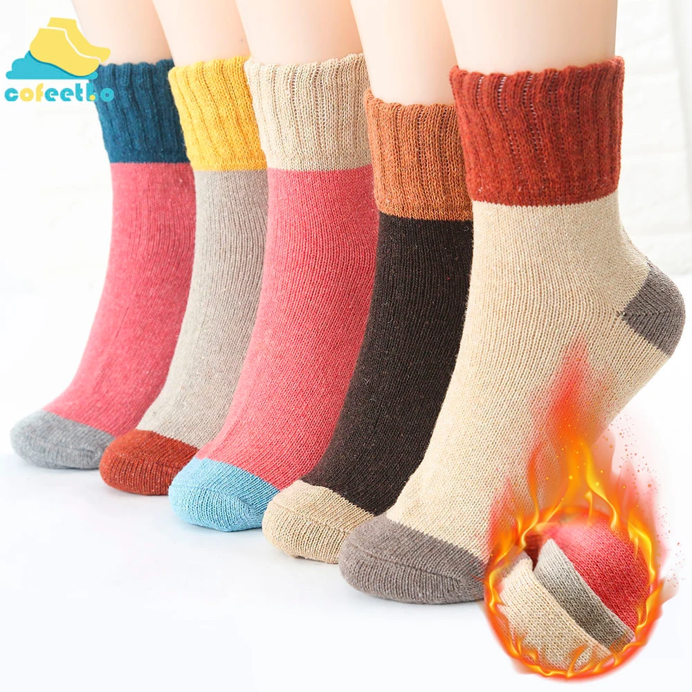 

Зимние толстые носки, женские теплые носки из кроличьей шерсти с мехом в стиле пэчворк, хлопковые аксессуары, модная одежда на осень и зиму