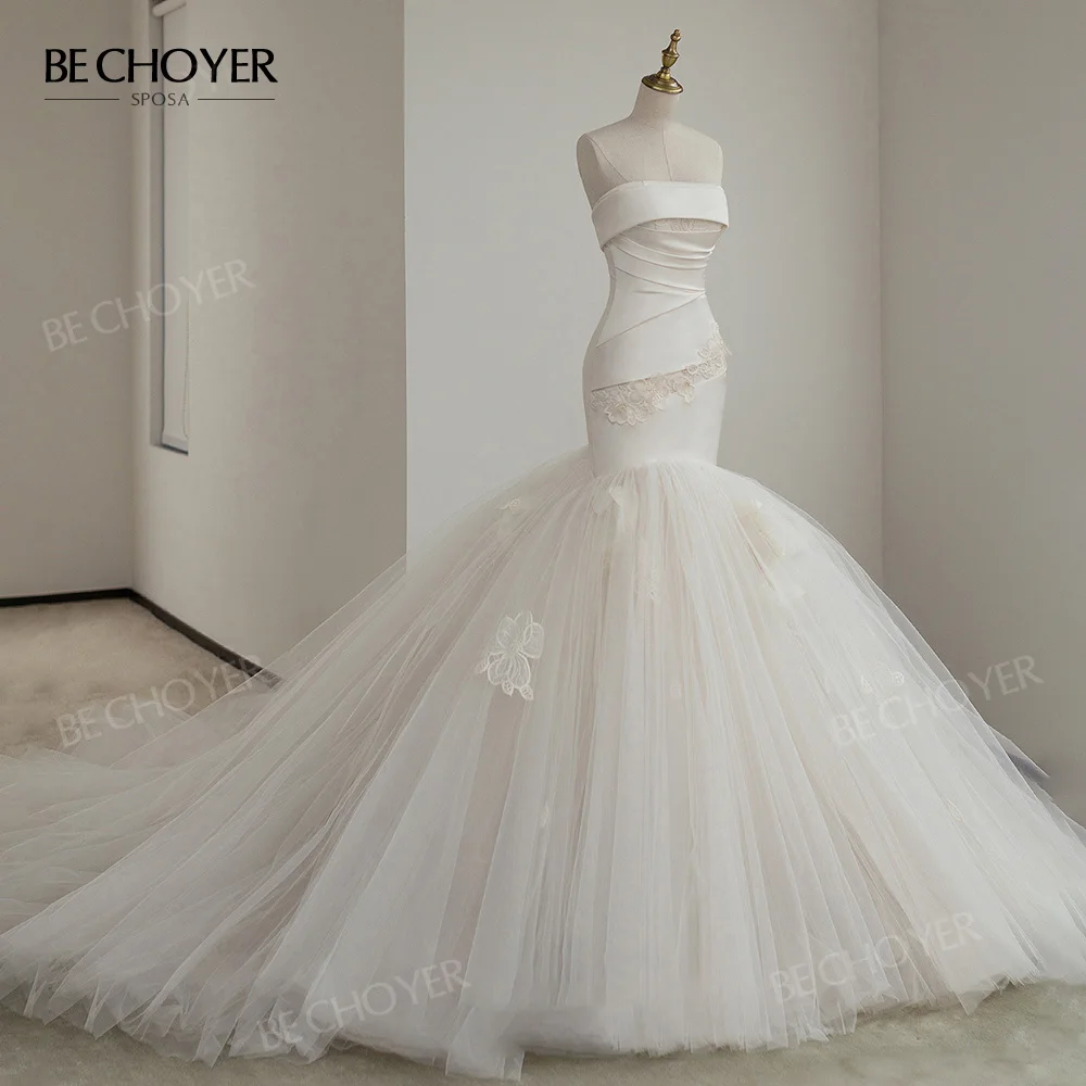 

Свадебное платье-трапеция без рукавов, атласные платья невесты с аппликацией и жемчугом, модель 2023 года, платье принцессы со шлейфом, B332