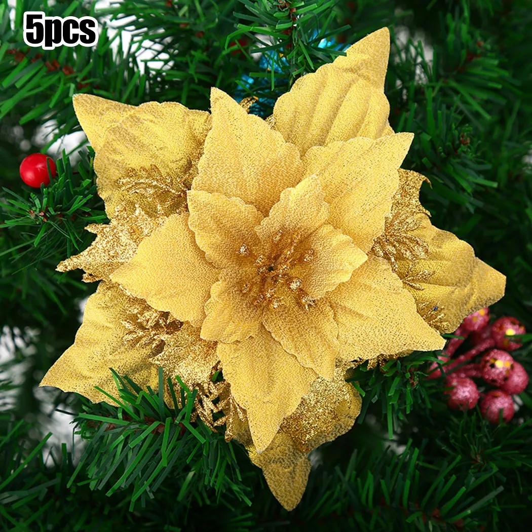 For Christmas Tree Christmas Flowers Polyster Tree 18cm 5pcs Christmas Flower Glitter Hanging Party Poinsettia