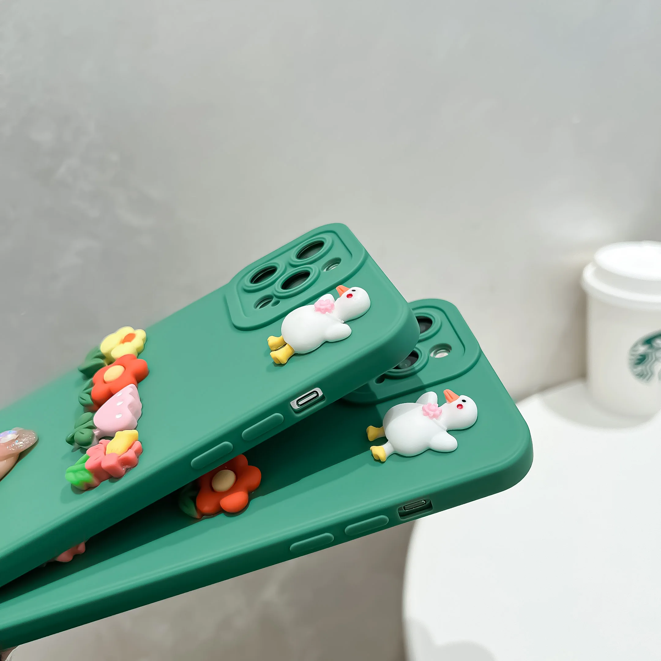 

Flower Duck Cute Drinks Alpine Green Case for IPhone 13Promax 12Pro 11 Pro Max X XR XS Max 7 8 Plus Kick Soft Cover