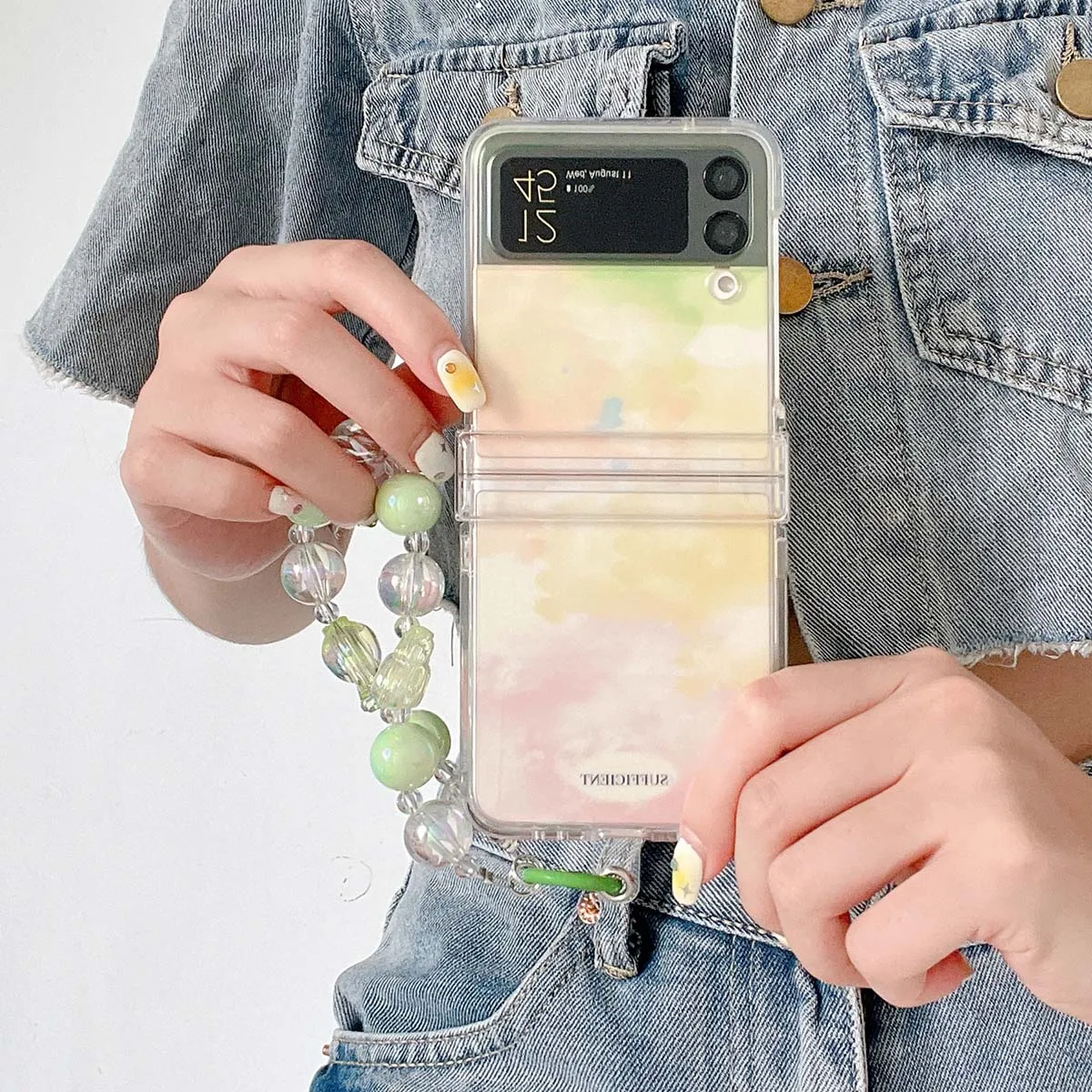 

Art Oil Painting Graffiti Phone Case For Samsung Galaxy Z Flip 4 3 5G Back Cover Clear Cute Hinge Cases with Chain Bead Bracelet