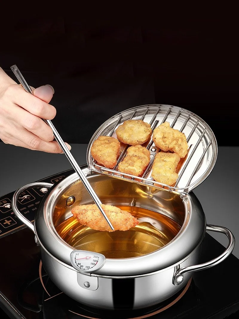 Japanese Deep Frying Pot With a Thermometer And Lid 304 Stainless Steel Kitchen Fried Fries ChickenTempura Fryer Pan 20 24 cm | Дом и сад