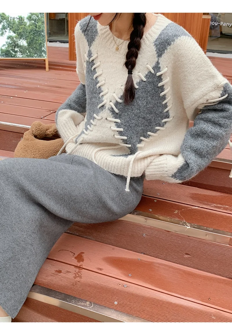 Женский свитер с длинным рукавом GAODINGLAN свободный трикотажный в клетку большие