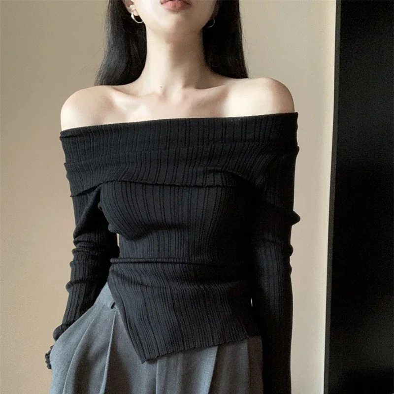 Пуловер женский трикотажный с открытыми плечами свитер длинными рукавами в