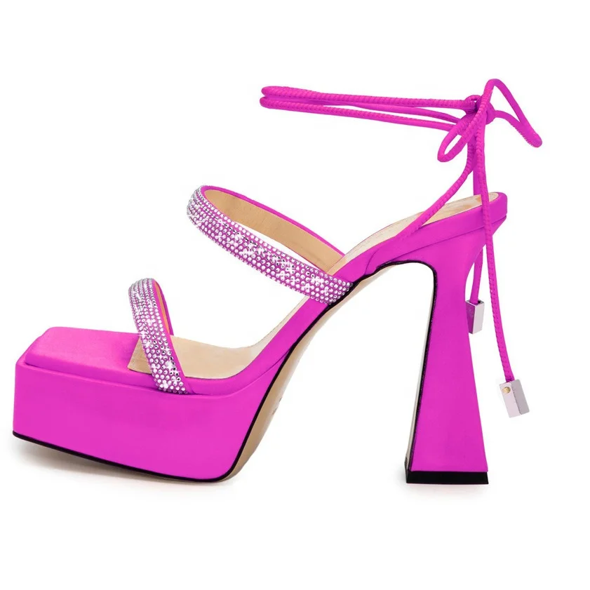 

Ladies Summer Square Toe Platform Rhinestone Straps Stiletto Heel Sandals Shoes Sexy Crystal Lace Up Party Wedding Shoes Women