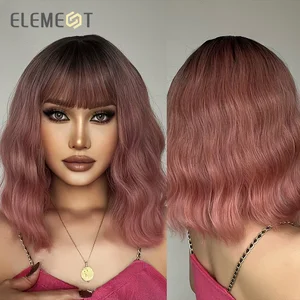 ELEMENT Synthetic Fiber Wavy Curly Bob Short Ombre Pink Hair Wig with Bangs Lolita Cosplay Party Wigs for Women Heat Resistant