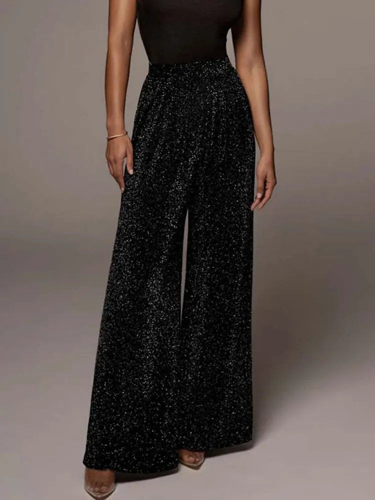 

2023 Summer Shiny Wide Leg Pants Women Long Pants Trousers Fashion Pants Ladies High Waist Baggy Joggers For Women