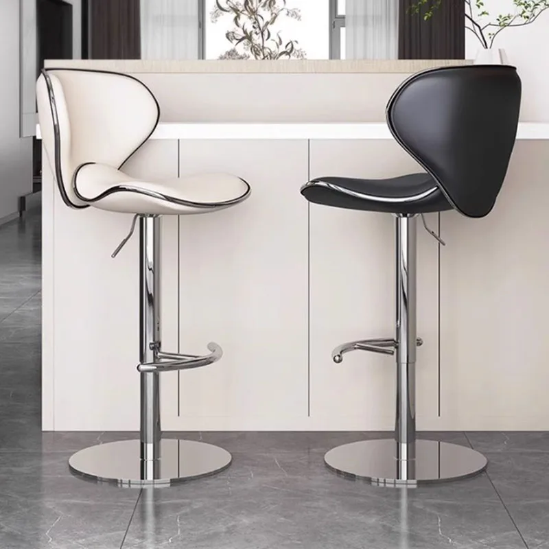 Кожаный стильный барный стул стальной серебристый регулируемый металлический