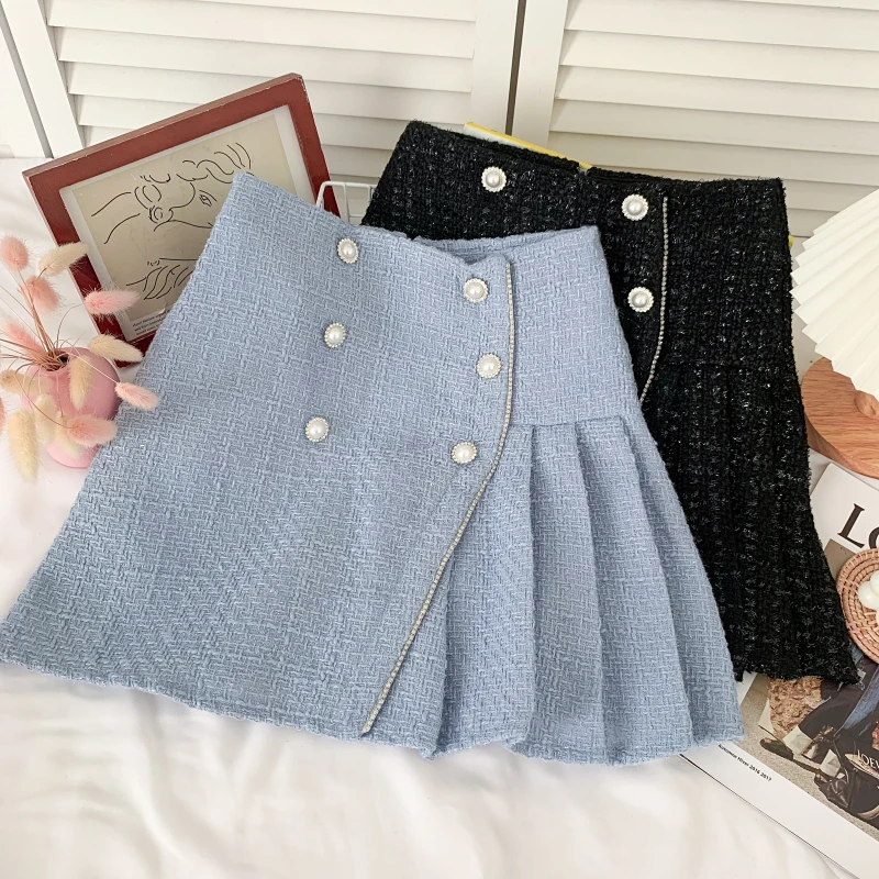 

Autumn Temperament Tweed Skirt Women Double Breasted High Waist Pleated