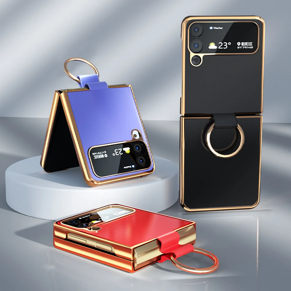 

for Magsafe Case PU Leather Magnetic Case for Samsung Galaxy Z Flip4 ZFlip 4 Flip 4 3 Flip3 Ring Back Cover Shell Golden Edge