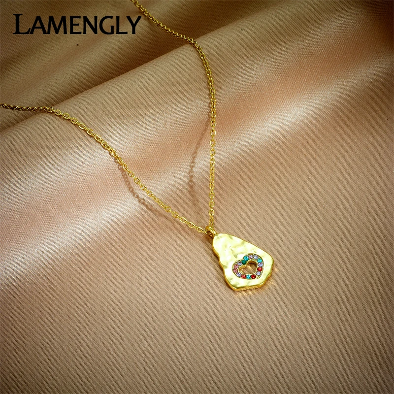 

LAMENGLY 316L Stainless Steel Irregular Heart Colored Zircon Pendant Necklace For Women Fashion Girls Trendy Chain Jewelry Gifts