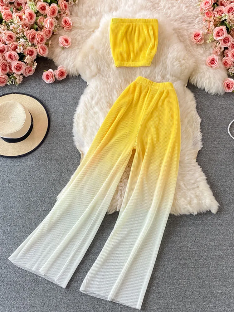

Summer Women's Suit Korean Street Style Gradient Tube Top Short Top + High Waist Wide Leg Pants Female Sets FC441