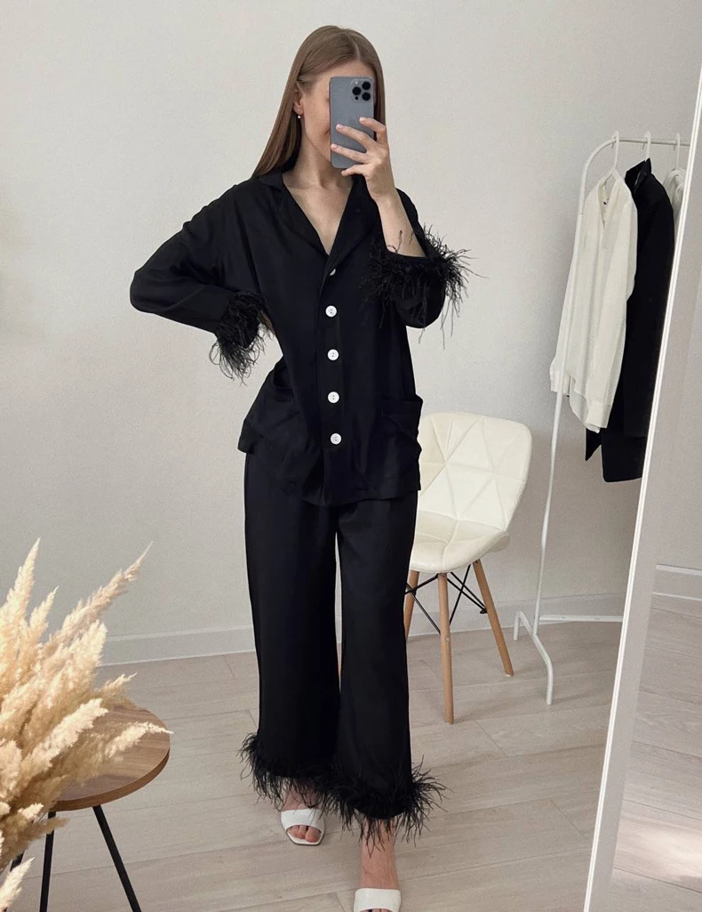 Women Fashion Cotton Pajamas Two-piece Suit Luxury Ostrich Feather sleepwear  gece sikiş