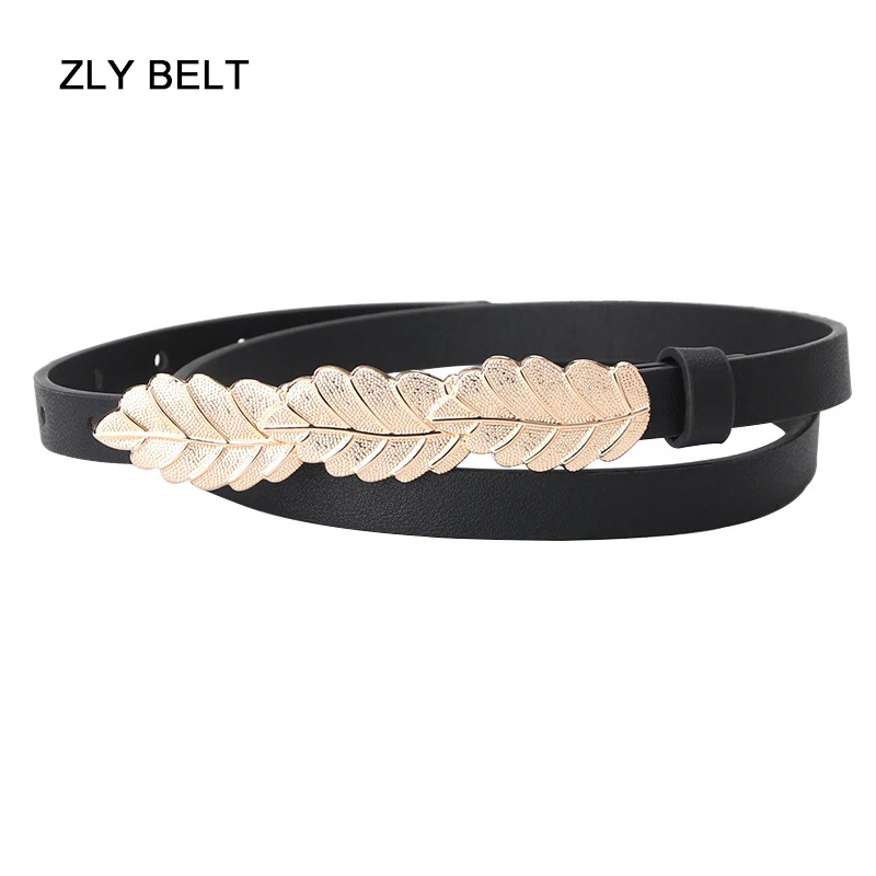 ZLY 2022 New Fashion Slender Type Belt Luxury Women PU Leather Material Golden Metal Leaves Buckle Jeans Dress Style Versatile