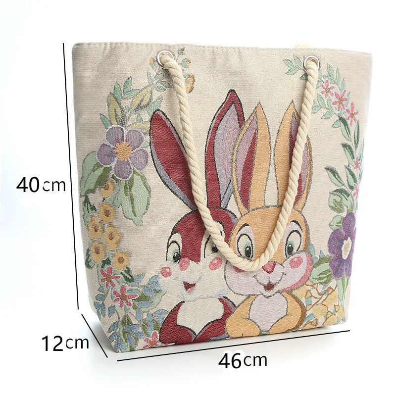 Large Canvas Storage Bag for Ladies Student Travel Handbag  Cloth Couple Rabbit Pattern Washable Bag One Shoulder Handbag