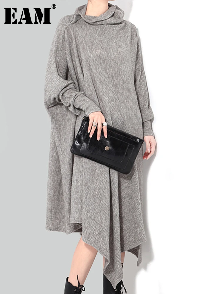 

[EAM] Women Gray Irregular Long Big Size Dress New Turtleneck Long Sleeve Loose Fit Fashion Tide Spring Autumn 2022 1DE8202