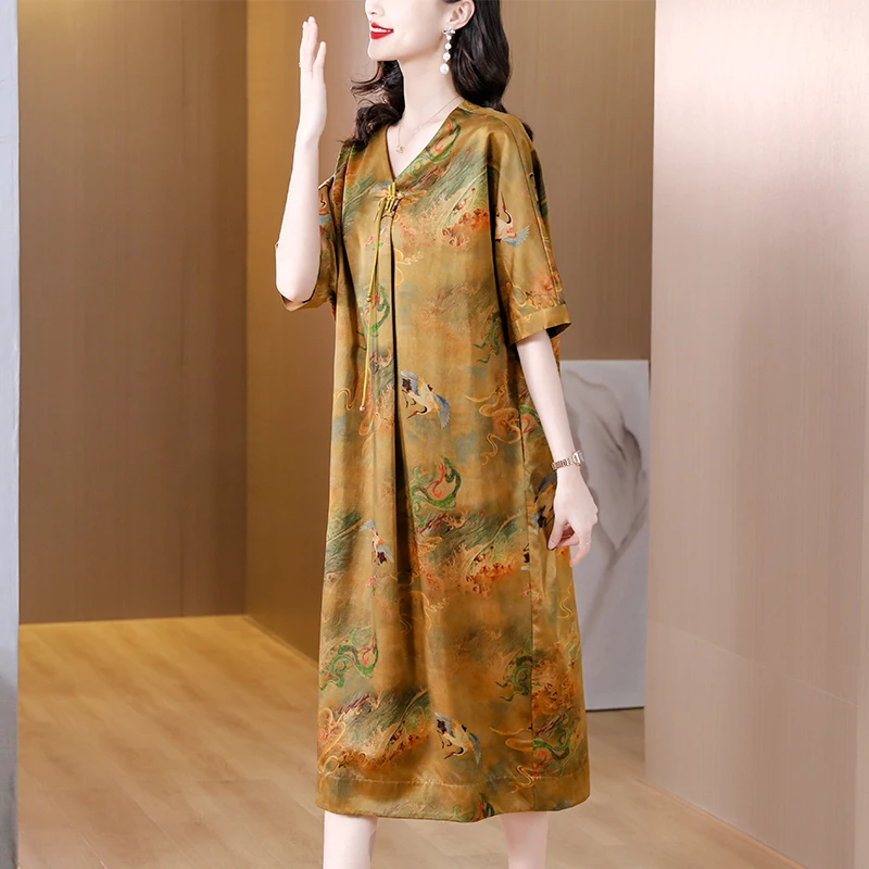 

Elegant Yellow Korean Vestidos Loose Women Fashion Night Silk Luxury 2023 Waist Home Dresses Dress Chiccasual Party Print Summer
